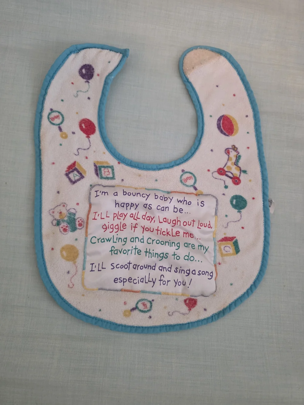 Vintage 1995 Baby Bib with Playful Nursery Print - White & Teal Trim